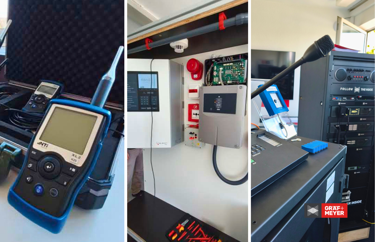 Practical training areas: STI measurements, fire alarm systems, and voice alarm systems.