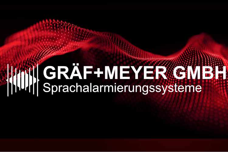 Gräf & Meyer Logo vor einem roten Hintergrund zur Verdeutlichung der Evolution der Sprachalarmanlagen